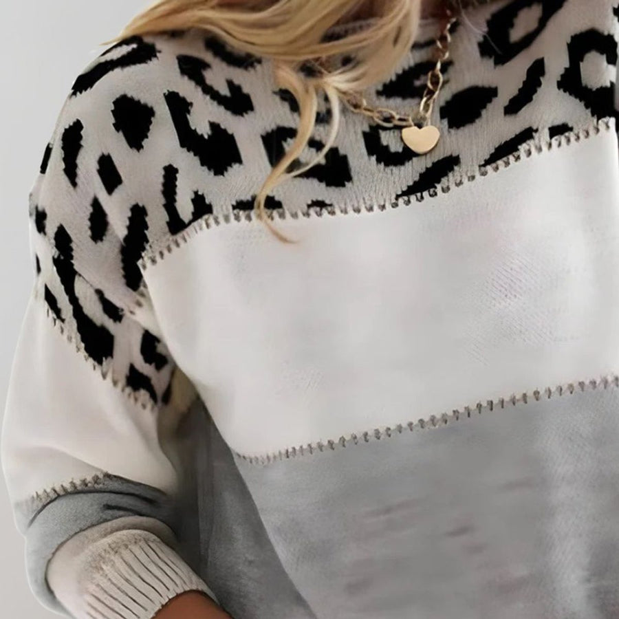 Dame Leopard Striktrøje med Rundhals