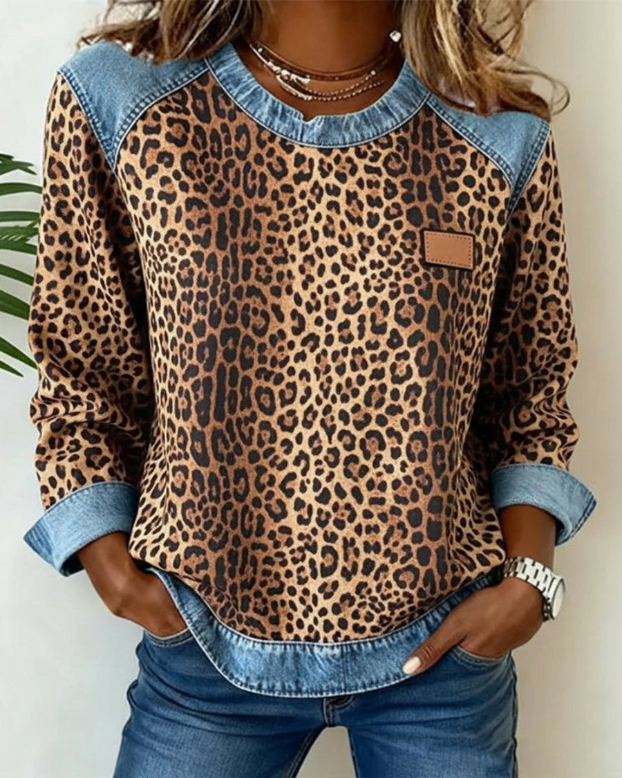 Dame Leopard Sweatshirt med Denim