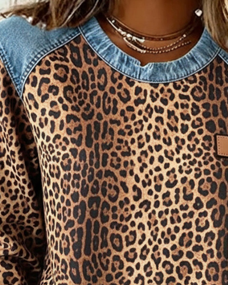 Dame Leopard Sweatshirt med Denim