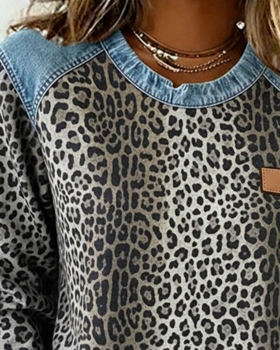 Dame Leopard Sweatshirt med Denim