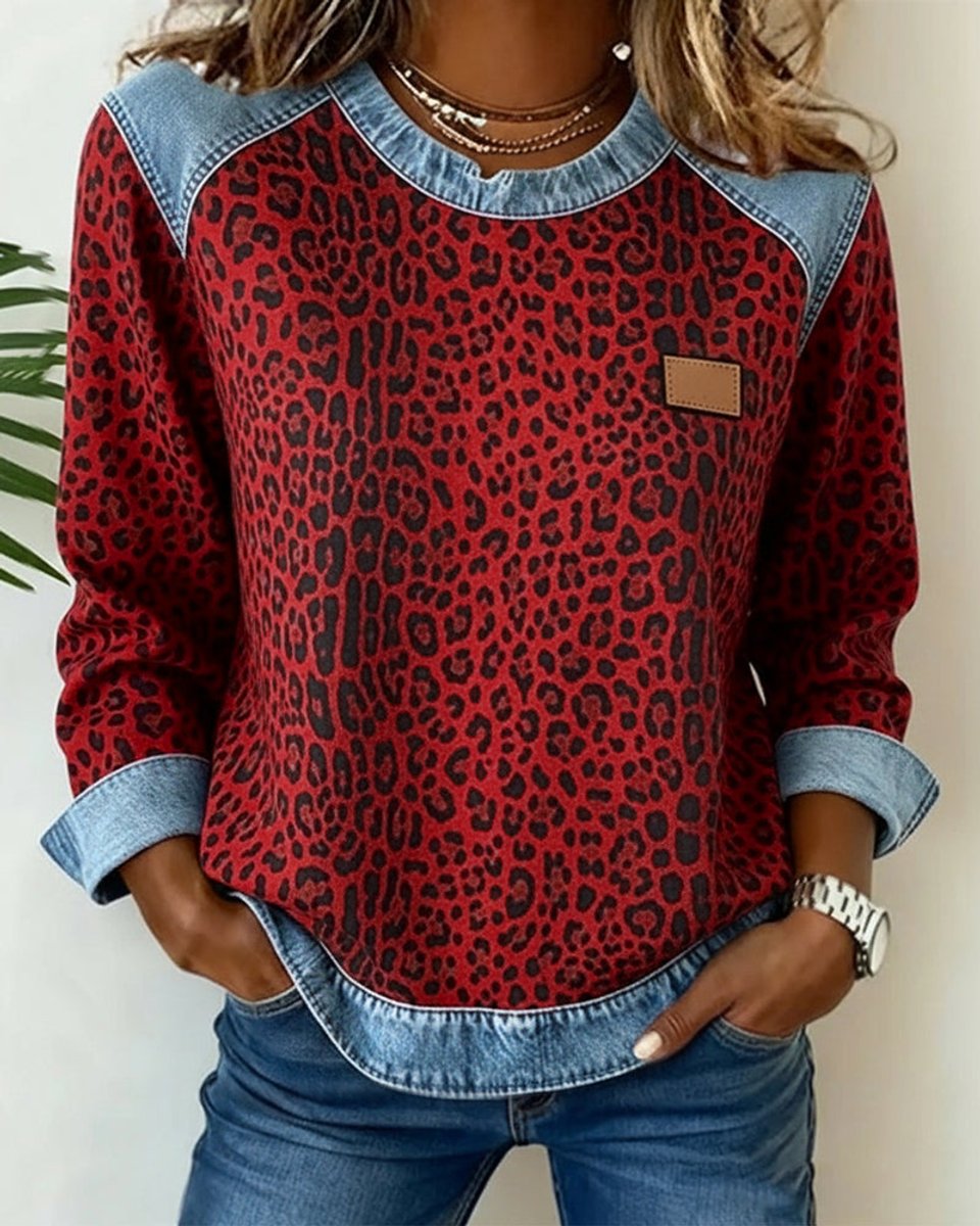 Dame Leopard Sweatshirt med Denim