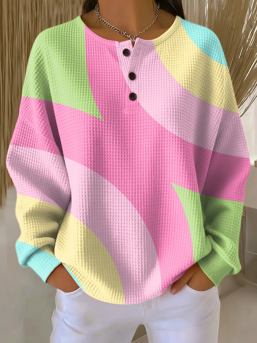 Dame Colorblock Striktrøje med Knapper