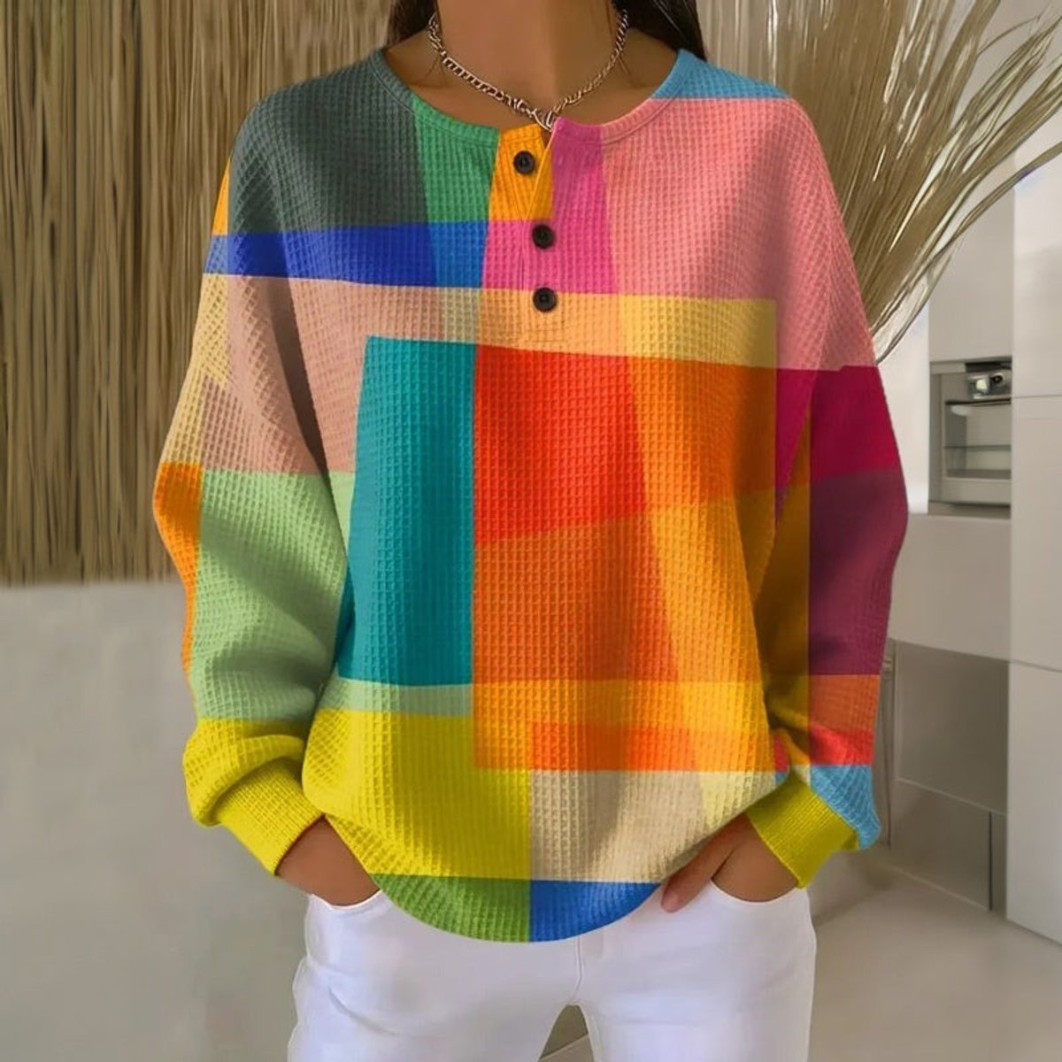 Dame Mønstret Sweatshirt med Knapper