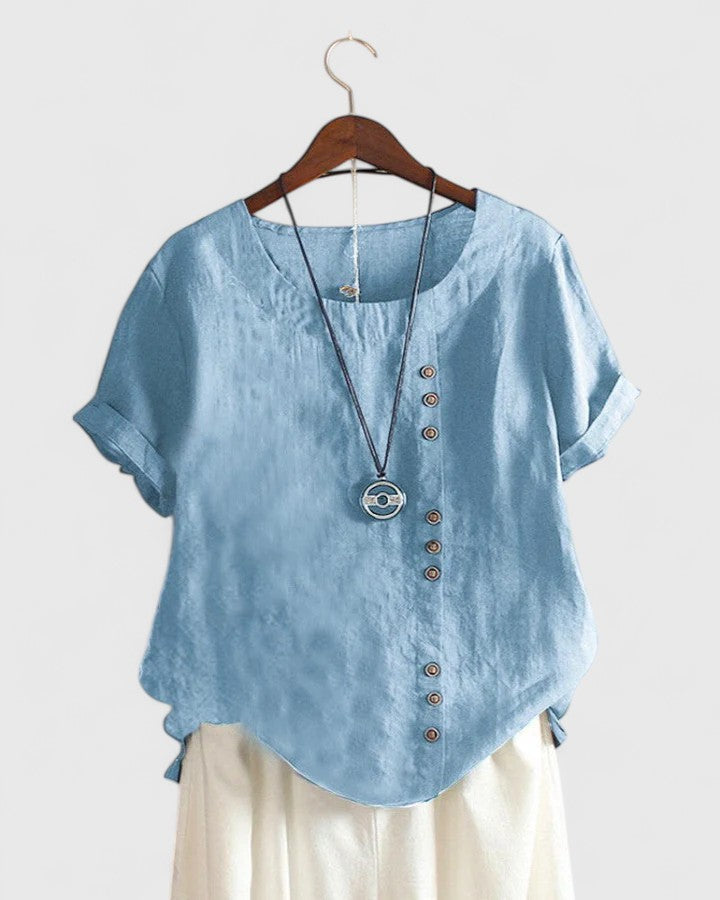 Dame Kortærmet Bluse med Rund Hals og Knapper
