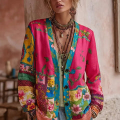 Dame Blomstret Patchwork Cardigan med V-Hals - Rosa