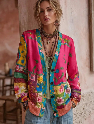 Dame Blomstret Patchwork Cardigan med V-Hals - Rosa