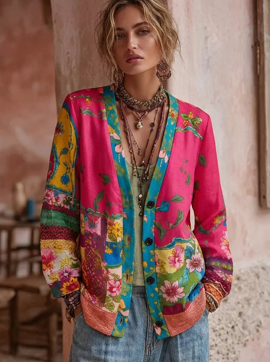 Dame Blomstret Patchwork Cardigan med V-Hals - Rosa