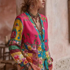 Dame Blomstret Patchwork Cardigan med V-Hals - Rosa