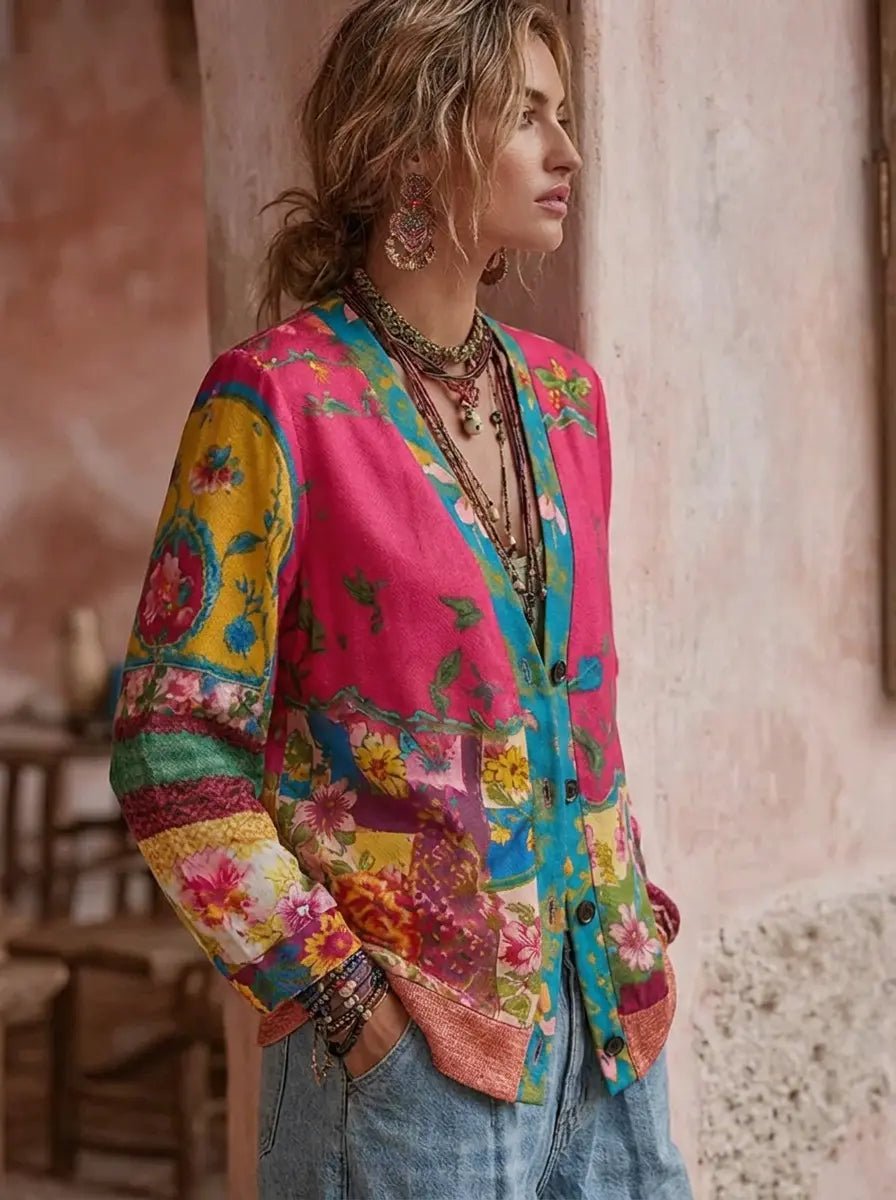 Dame Blomstret Patchwork Cardigan med V-Hals - Rosa