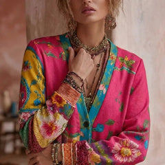 Dame Blomstret Patchwork Cardigan med V-Hals - Rosa