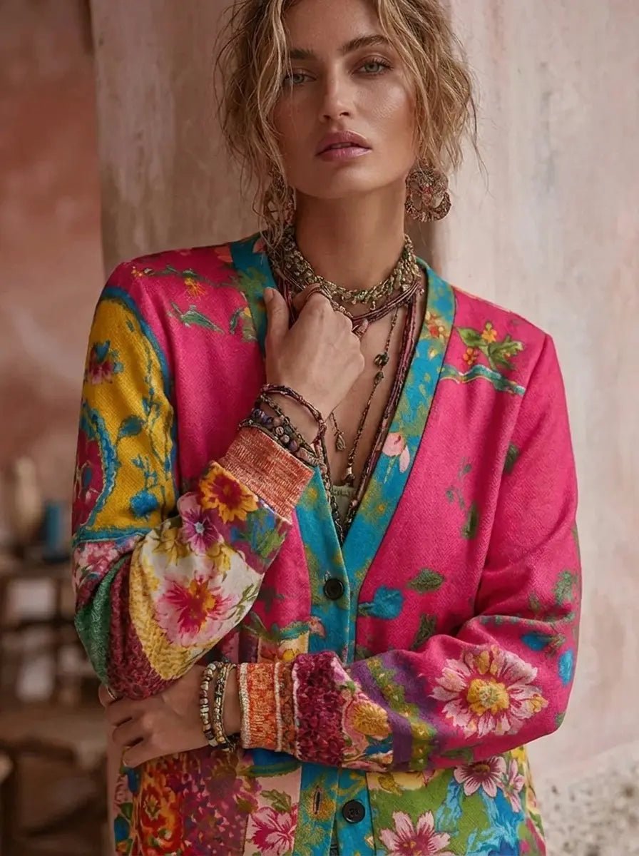 Dame Blomstret Patchwork Cardigan med V-Hals - Rosa