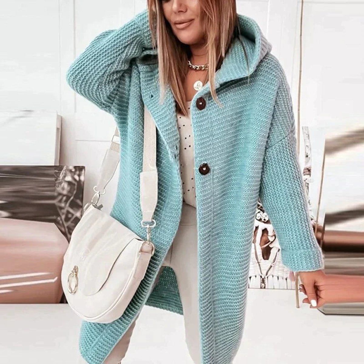 Dame Varm Lang Cardigan med Hætte