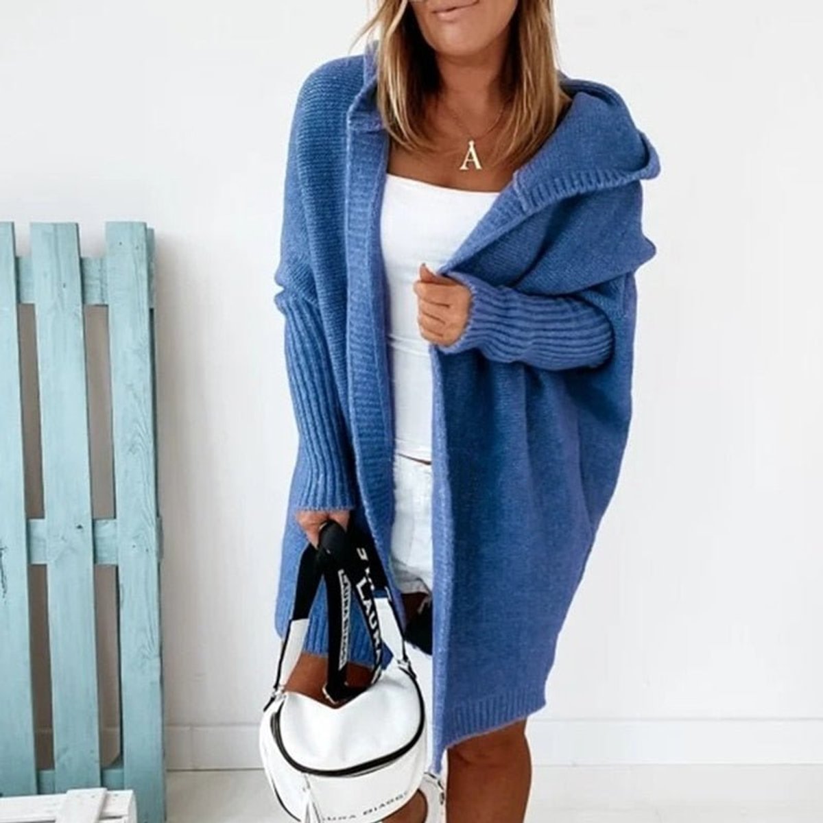 Dame Oversized Cardigan med Hætte og Åben Front