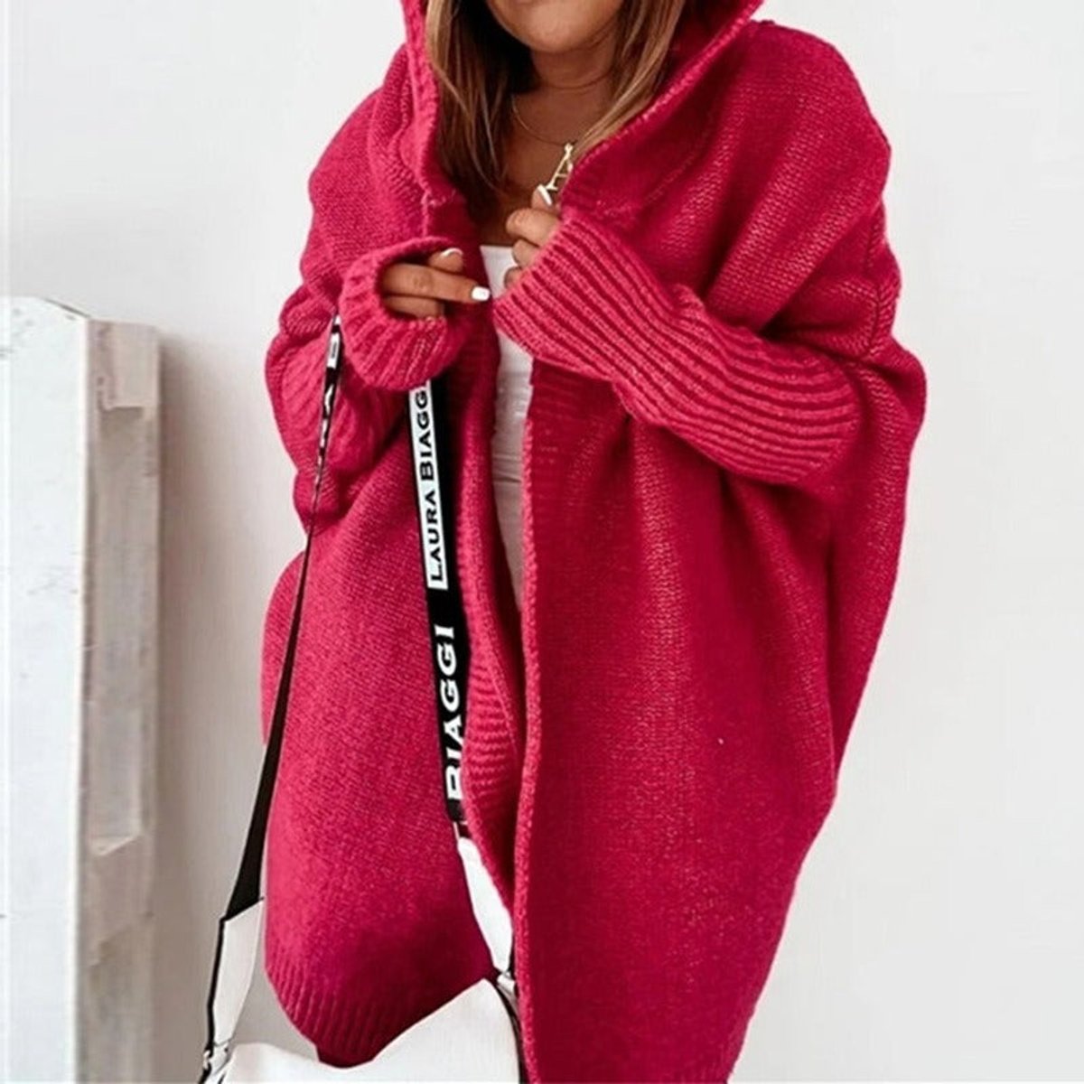 Dame Oversized Cardigan med Hætte og Åben Front
