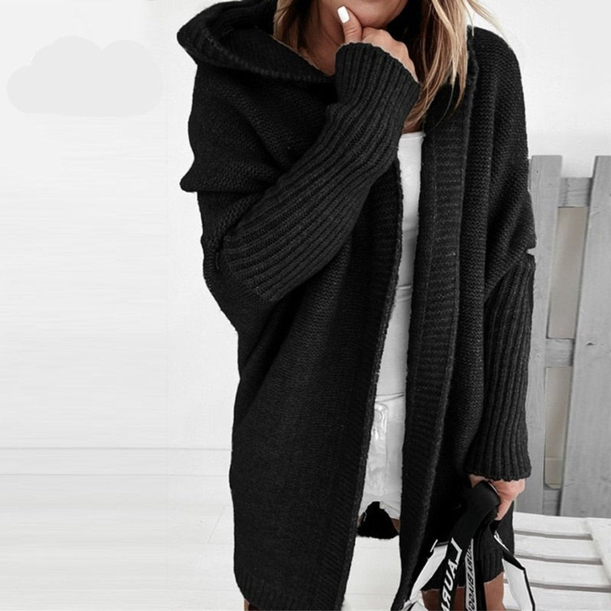 Dame Oversized Cardigan med Hætte og Åben Front