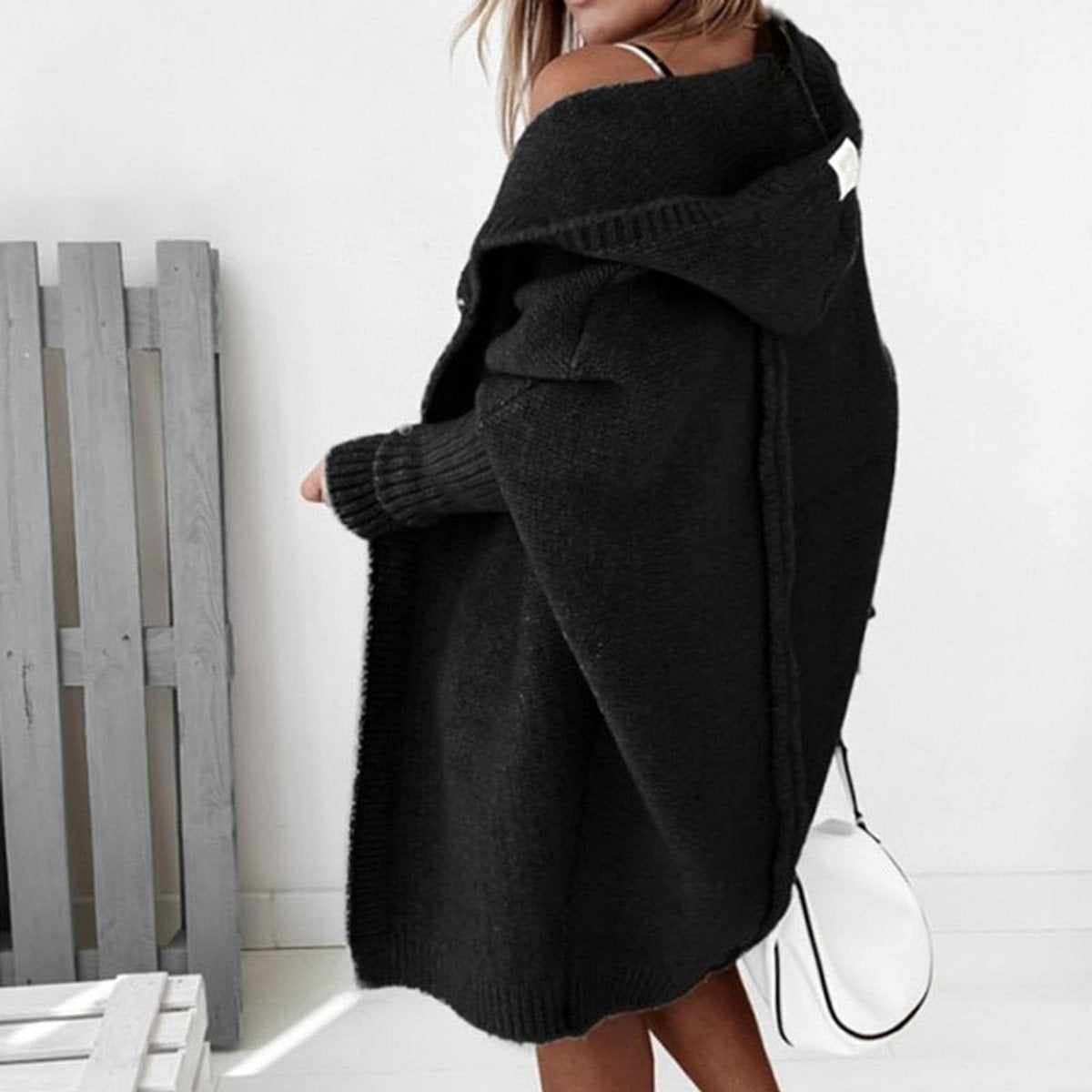 Dame Oversized Cardigan med Hætte og Åben Front