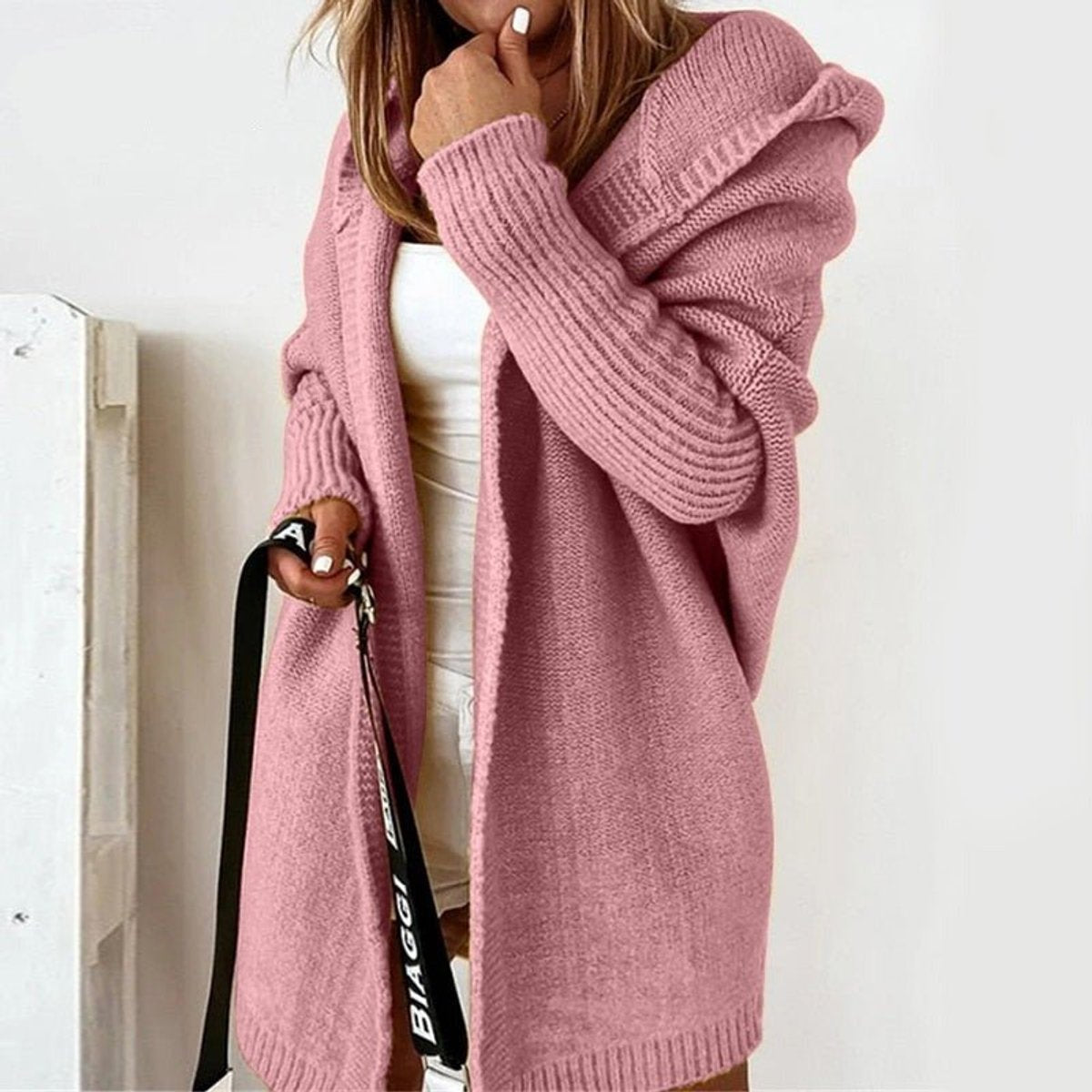 Dame Oversized Cardigan med Hætte og Åben Front
