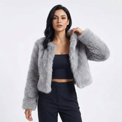 Dame Elegant Cropped Cardigan i Kunstpels