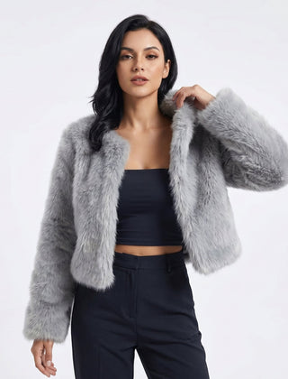 Dame Elegant Cropped Cardigan i Kunstpels