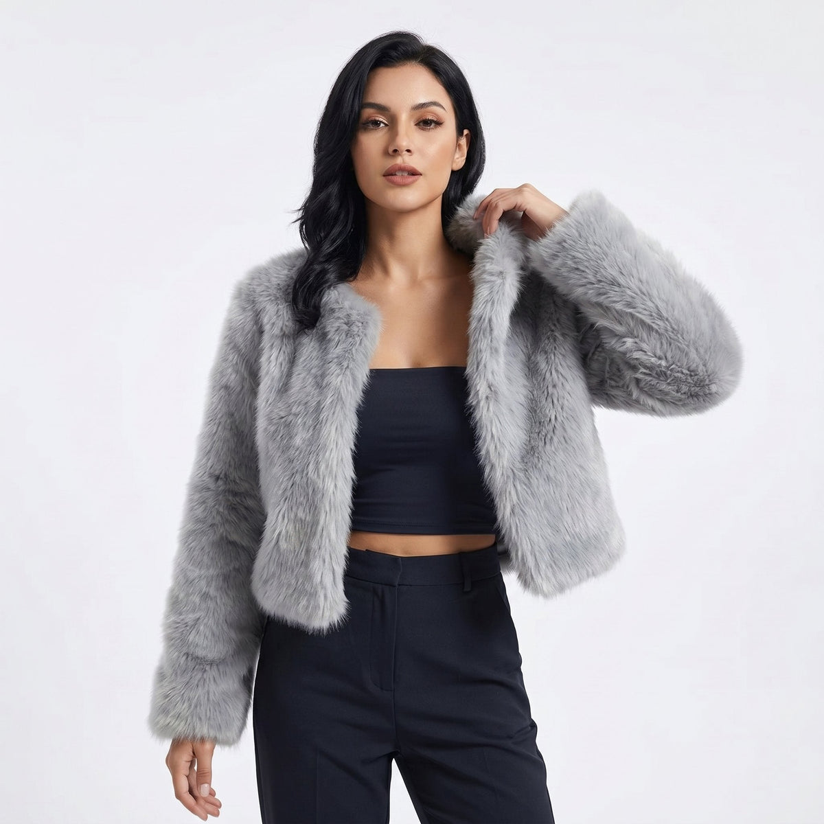 Dame Elegant Cropped Cardigan i Kunstpels