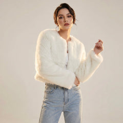 Dame Elegant Cropped Cardigan i Kunstpels