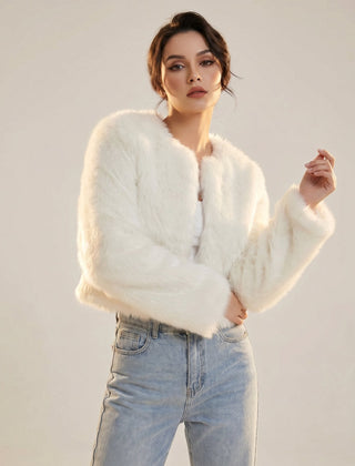 Dame Elegant Cropped Cardigan i Kunstpels