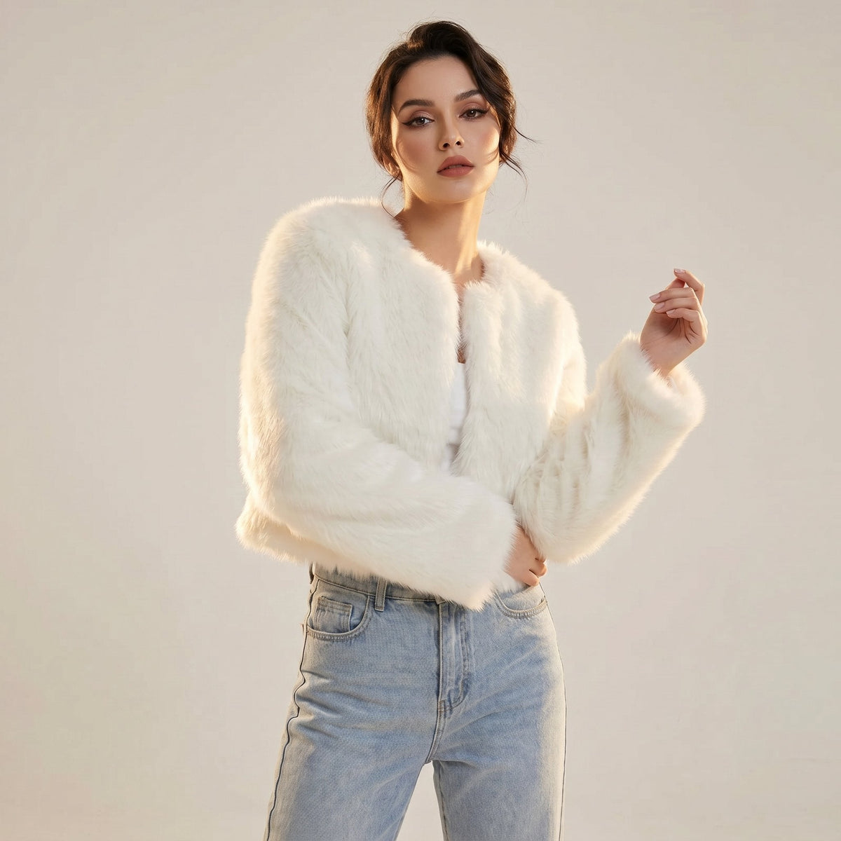 Dame Elegant Cropped Cardigan i Kunstpels