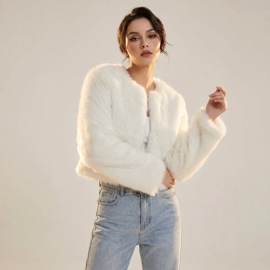 Dame Elegant Cropped Cardigan i Kunstpels