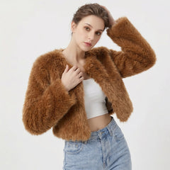 Dame Elegant Cropped Cardigan i Kunstpels