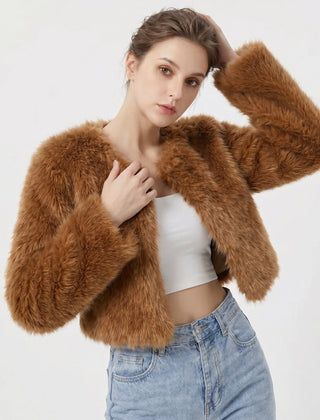 Dame Elegant Cropped Cardigan i Kunstpels