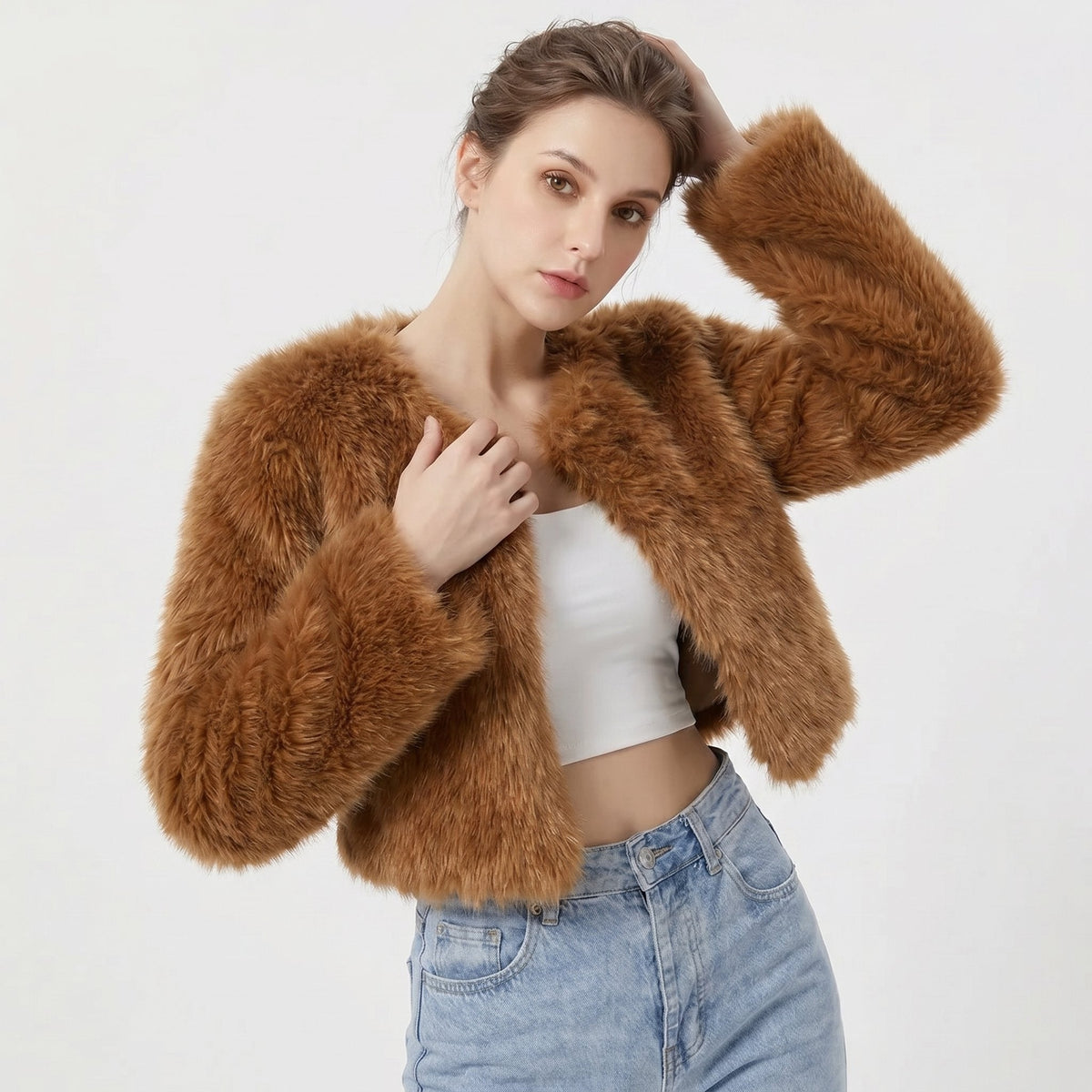 Dame Elegant Cropped Cardigan i Kunstpels