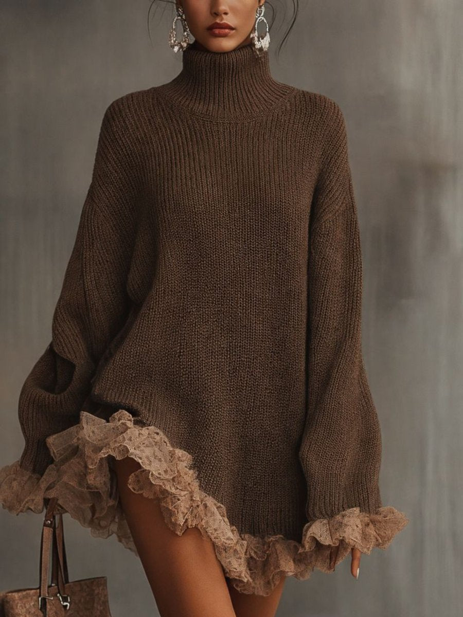 Dame Oversized Strikkjole med Blondekant - Brun