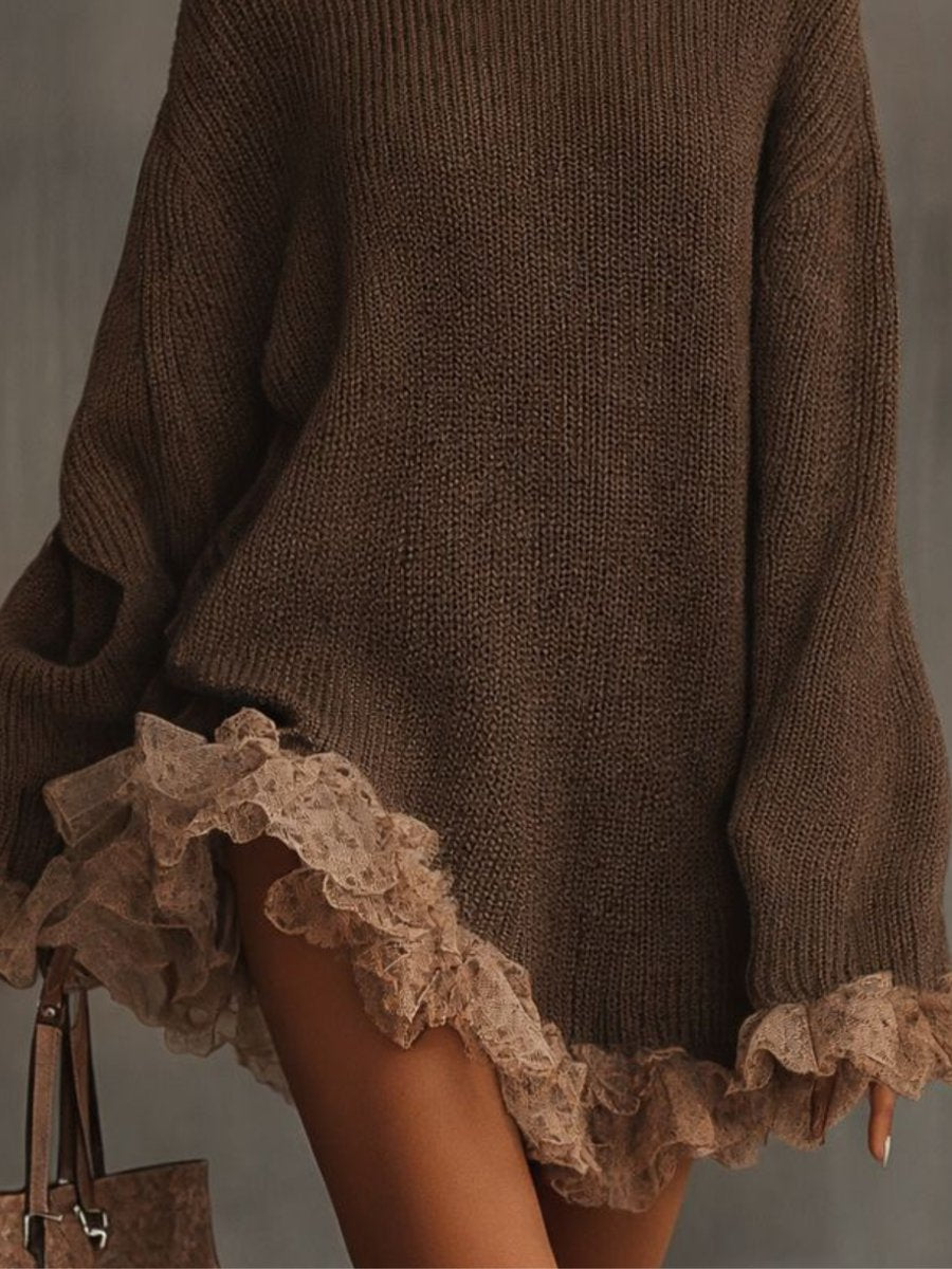 Dame Oversized Strikkjole med Blondekant - Brun