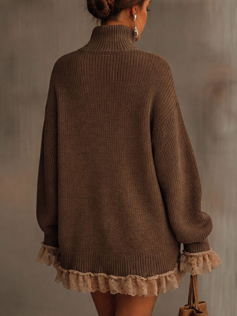 Dame Oversized Strikkjole med Blondekant - Brun